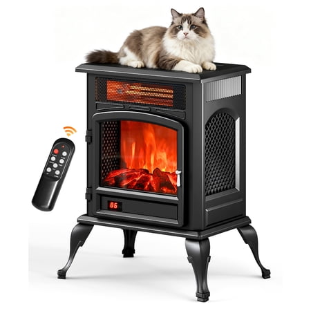 Flamemore Electric Fireplace Heater, 22" FreeStanding Fireplace Stove with Brightness Adjustable 3D Flame, 750W/1500W Infrared Space Heater for Indoor Use, Digital Display & Remote