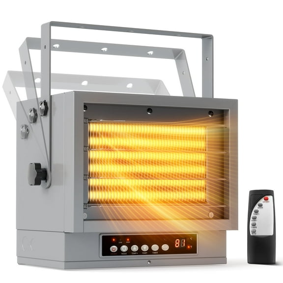 Flamemore 7500W Electric Garage Heater with Remote & Timer, Digital Display, Thermostat, Ceiling Mount Space Heater for Workshop, Gray