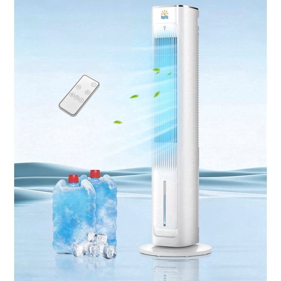 Flamemore Portable Evaporative Air Cooler with Remote & Ice Packs, 3-in-1 Oscillating Tower Air Conditioner with Humidify, White&Gray