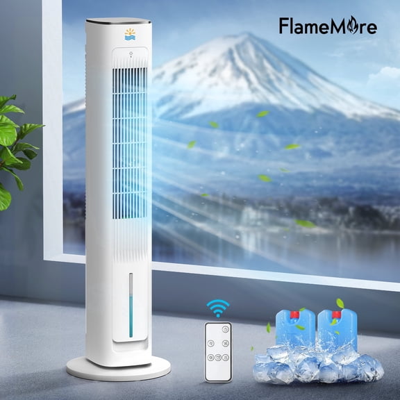 Flamemore Evaporative Air Cooler Portable Air Conditioners, 3-in-1 Oscillating Tower Cooler Fan&Humidify, White&Gray
