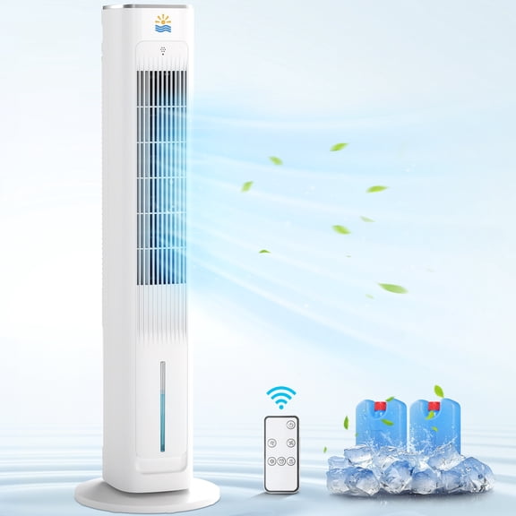 Flamemore Evaporative Air Cooler Portable Air Conditioners, 3-in-1 Oscillating Tower Cooler Fan&Humidify, White&Gray