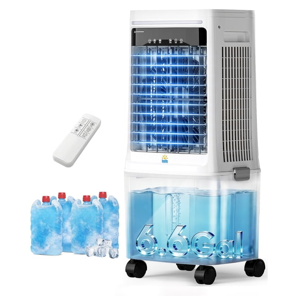 Flamemore Upgraded 1800CFM Evaporative Air Cooler Fan Humidifier with 6.6 gal Tank & 4 Ice Packs, Portable Swamp Cooler for Indoor/Outdoor