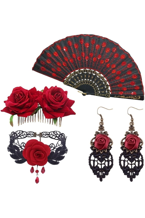Flamenco Accessories,Women Rose Flower Hair Clip Embroidered Sequins Fabric Handheld Folding Fan,Choker Earrings
