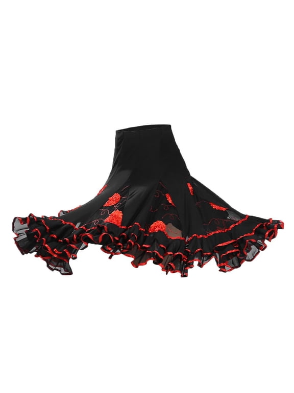 Flamenco Ballroom Waltz Dance Skirt Sequined Modern Costume - Red, as described