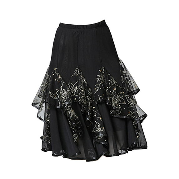 Flamenco Ballroom Waltz Dance Skirt Sequined Modern Costumes Black
