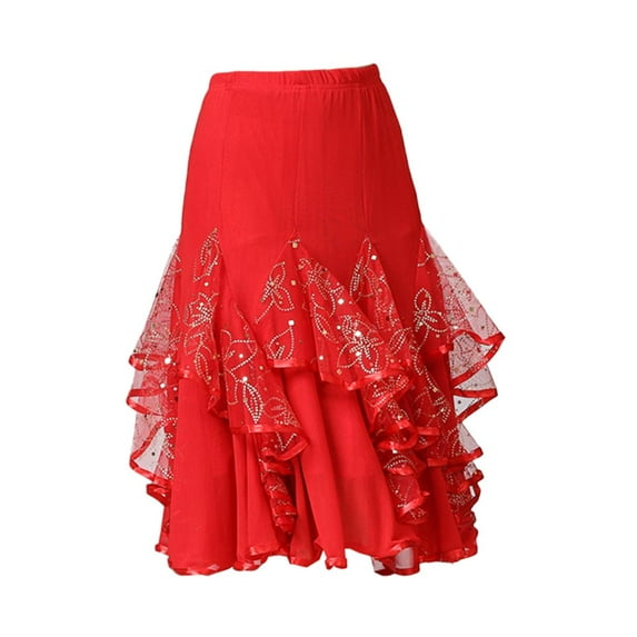 Flamenco Ballroom Waltz Dance Skirt Sequined Modern Costumes Red B Red