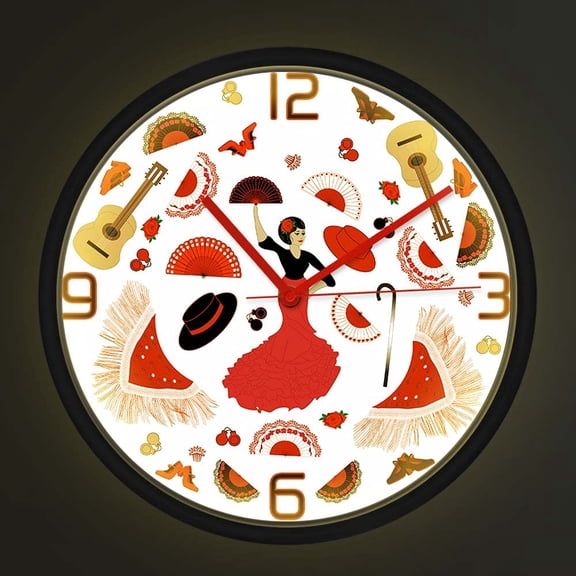 Flamenco Dancer Elements Wall Clock with Sound Control LED Night Light Spanish Folk Music And Dance Home Decor Smart Luminous Clock