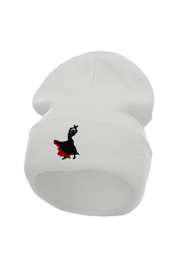 Flamenco Dancer Embroidered 12 Inch Long Knitted Beanie - White OSFM
