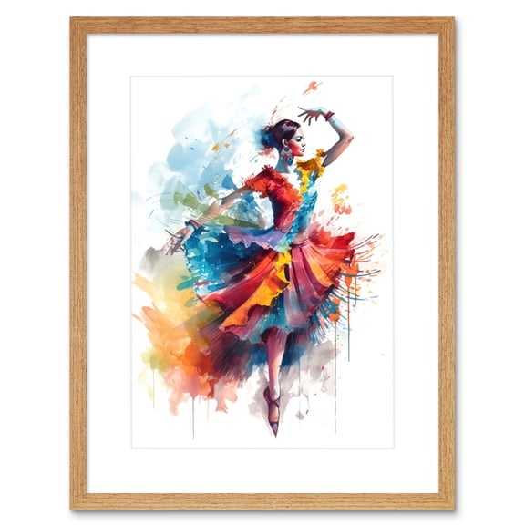 Flamenco Dancer in Motion Rainbow Colour Dress Dance Modern Watercolour Painting Artwork Framed Wall Art Print 9X7 Inch