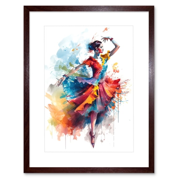 Flamenco Dancer in Motion Rainbow Colour Dress Dance Modern Watercolour Painting Artwork Framed Wall Art Print 9X7 Inch