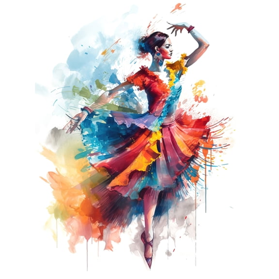 Flamenco Dancer in Motion Rainbow Colour Dress Dance Modern Watercolour Painting Unframed Wall Art Print Poster Home Decor Premium