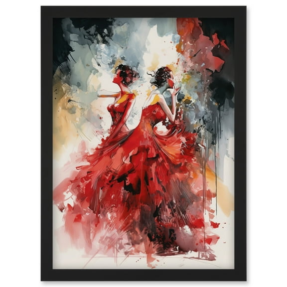 Flamenco Music Female Dancers Dancing on Stage in Red Dresses Modern Watercolour Painting Artwork Framed Wall Art Print A4