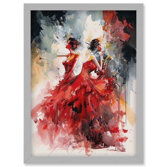 Flamenco Music Female Dancers Dancing on Stage in Red Dresses Modern Watercolour Painting Artwork Framed Wall Art Print A4