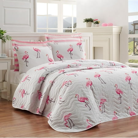 Flamengo Pink Full/Queen Size Bedspread/Coverlet Set – 3 Piece Quilt Set with Pillowcases, All-Season Lightweight, Digitally Printed Design, 65% Cotton, Made in Turkey – Soft, Durable,