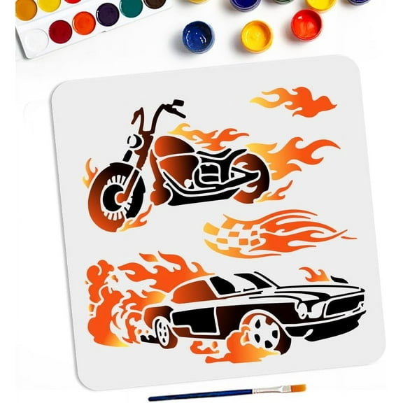 Flames Fire Car Stencils 11.811.8inch Motorcycles Car Fire Painting Stencils with Paint Brush Vehicle Fire Theme Drawing Template for Fabric Walls Furniture Wood Canvas Colorful