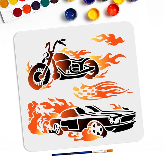 Flames Fire Car Stencils 11.811.8inch Motorcycles Car Fire Painting Stencils with Paint Brush Vehicle Fire Theme Drawing TemplateDIY