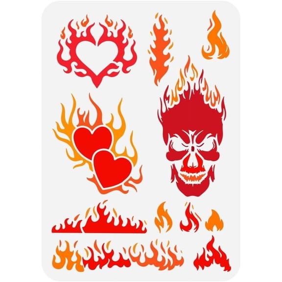 Flames Painting Stencil 8.3x11.7inch Large Fire Pattern Stencil for Painting Reusable Heart Patterns Drawing Template Plastic Graffiti Theme Template for DIY CraftsMixed Color
