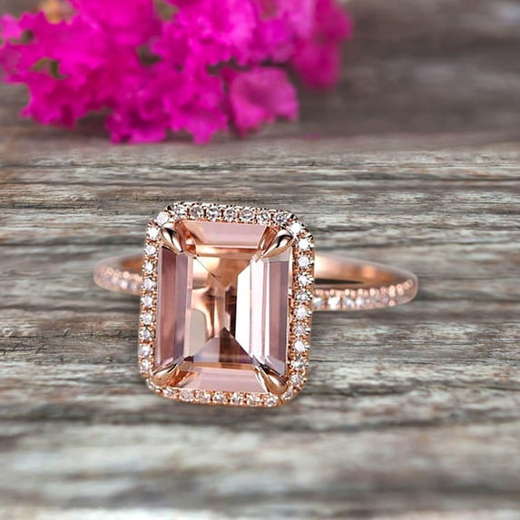 Flaming 7x5mm Emerald Cut 1.75 Carat Morganite Engagement Ring Wedding Ring Solid 10k Rose Gold Promise Ring Custom Made Sparkling Jewelry Halo Art Deco