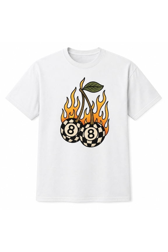 Flaming 8 Ball Cherry Graphic T-Shirt, Unisex Classic Fit Tee