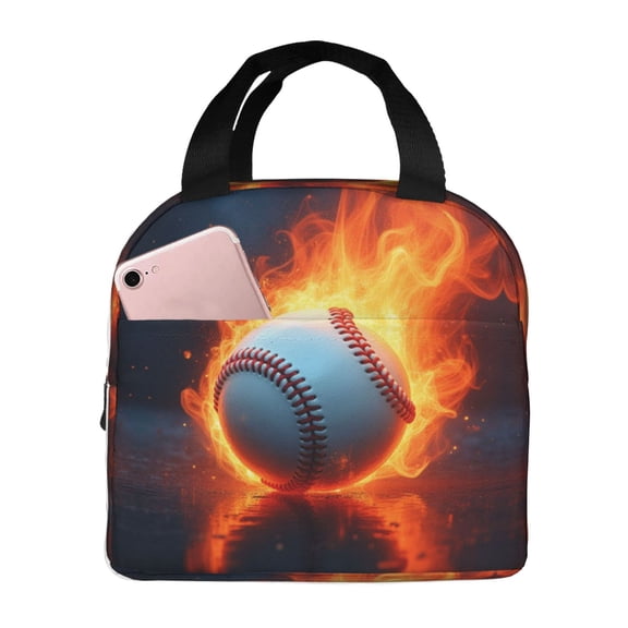 Flaming Baseball Insulated Lunch Bag Reusable Lunch Tote For Adults Work Picnic Sports Fans Large Capacity Cooler Bag 8.5x5In
