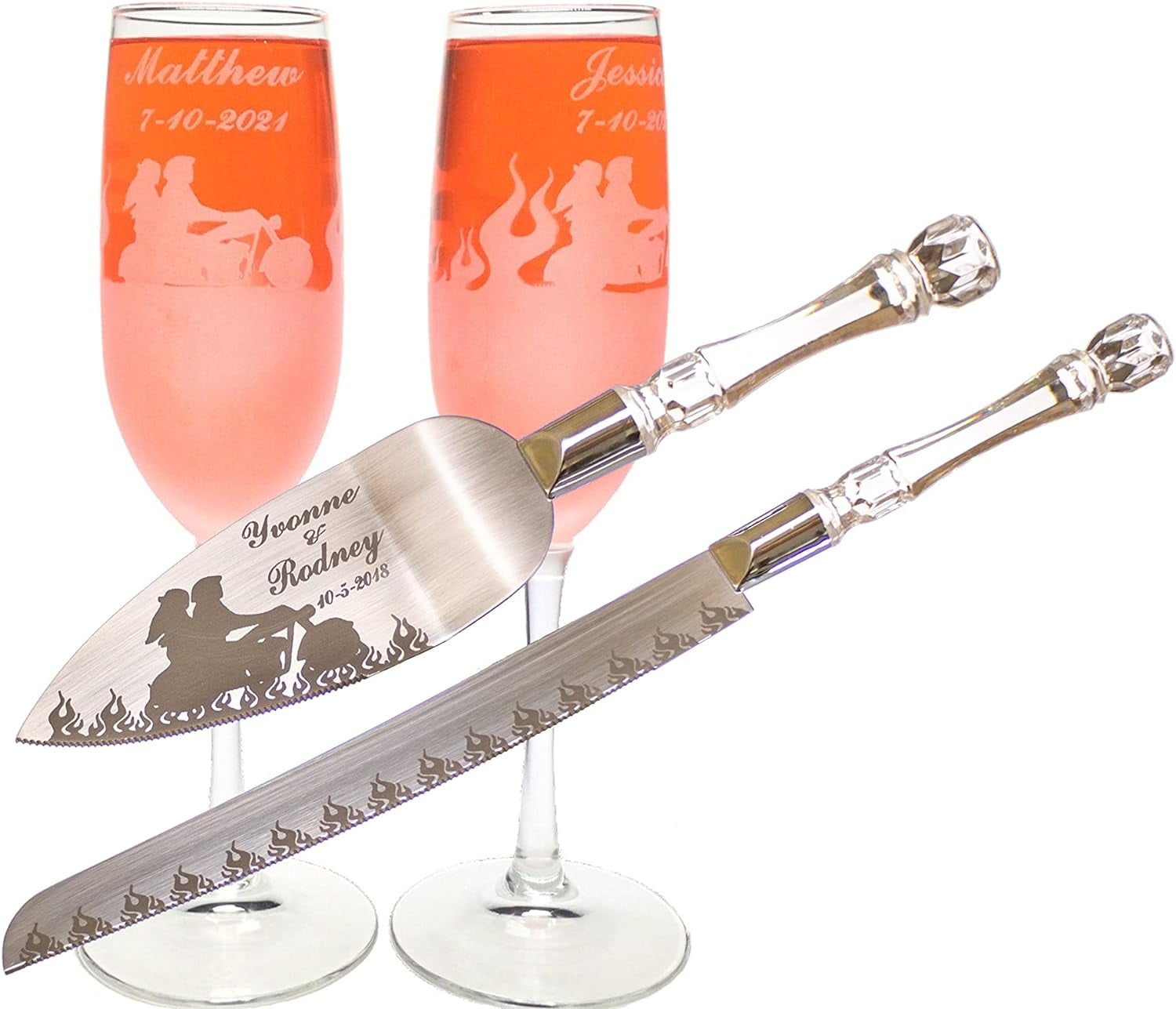 Flaming Biker Toasting Wedding Flute Glasses & Cake Knife Server Set