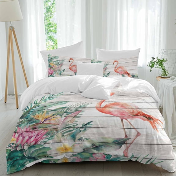 Flaming Bird Queen Size Comforter Set, Summer Monstera Bird of Paradise Board Bedding for All Seasons, 4 Pcs Bed Set, 1Quiltcover (90"x92") ,1Sheet(94"x116"), 2Pillowcases (30"x20")