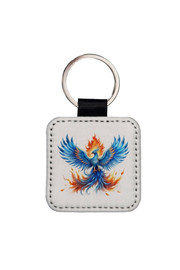 Flaming Blue Phoenix Rising Fantasy Watercolor Faux Leather Square Keychain