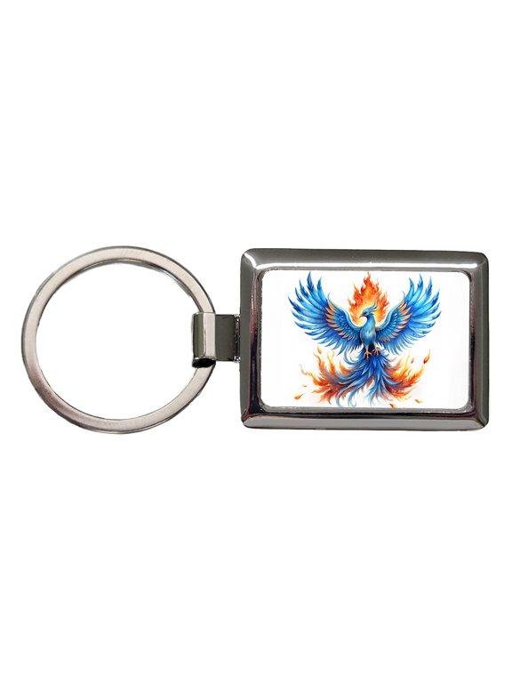 Flaming Blue Phoenix Rising Fantasy Watercolor Metal Rectangle Keychain