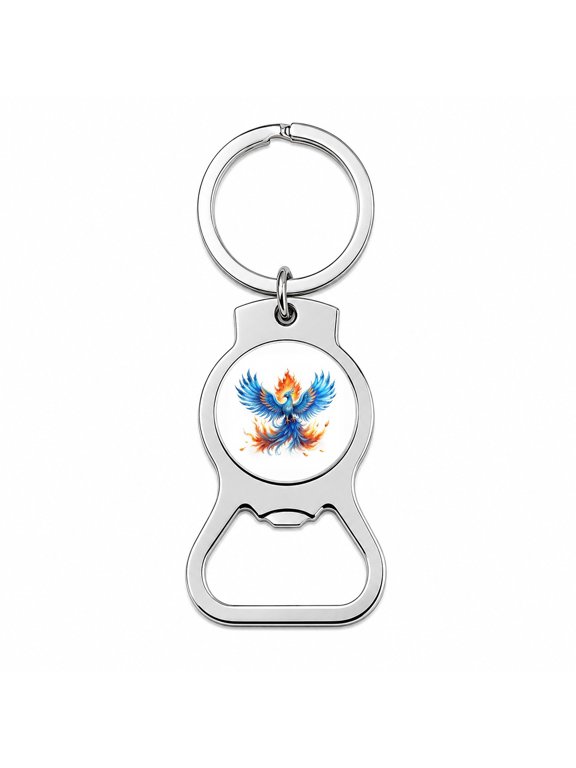 Flaming Blue Phoenix Rising Fantasy Watercolor Portable Bottle Opener Metal Keychain