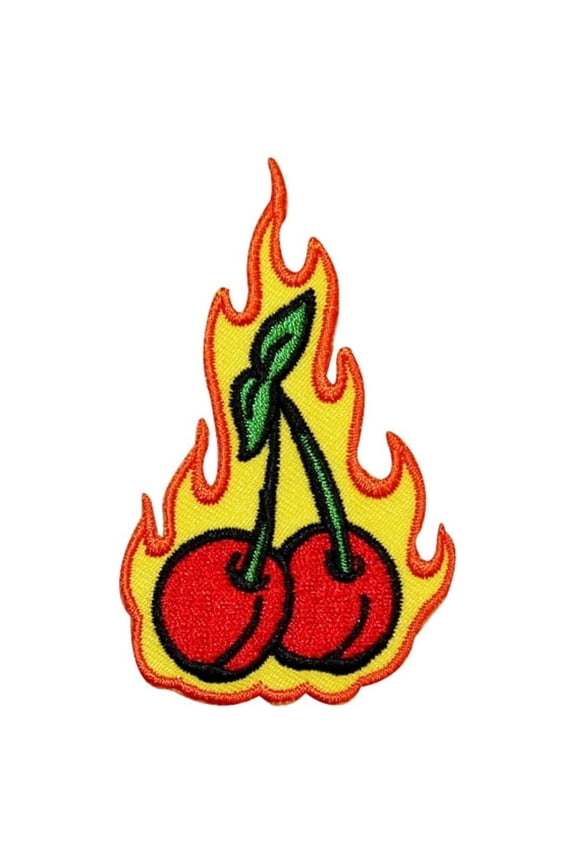 Flaming Cherries Patch Fruit Food Fire Flames Embroidered Iron On Applique