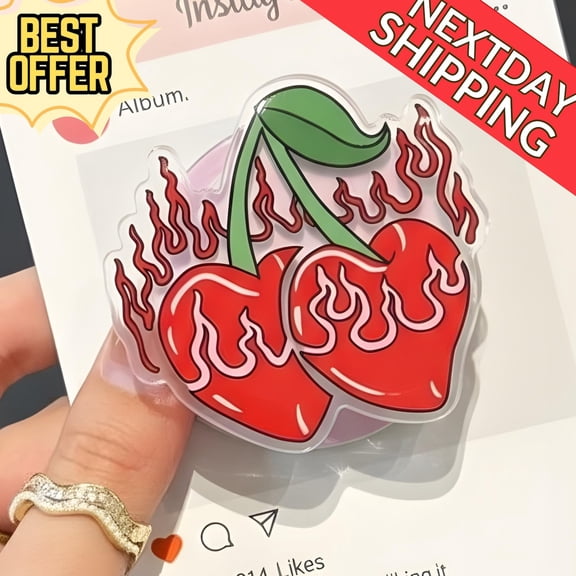 Flaming Cherry Phone Grip  Cool Cherry with Flames Phone Holder, Hot Phone Accessory for Trendsetters, Wonderful Popsocket for Lovers