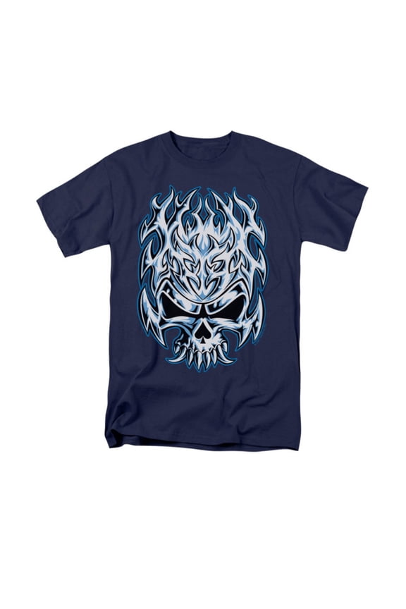 Flaming Chrome Skull Design Adult T-Shirt Tee