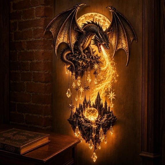 Flaming Dragon Cascading Wall Light, Vintage Medieval Glowing Dragon Moonlight Wall Decoration with Warm LED Light, Christmas Ornament for Home Office