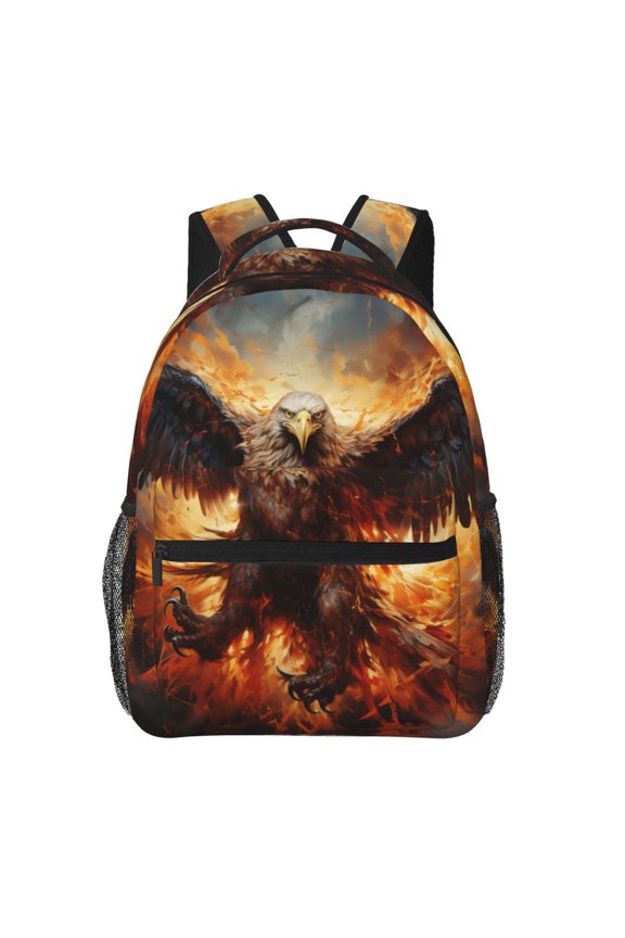 Flaming Fire Eagle Art Backpack Casual College Bag Zipper Laptop Daypack Hiking Rucksack Travel