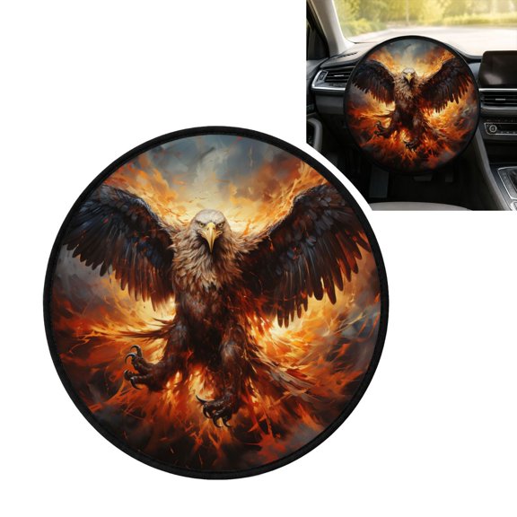 Flaming Fire Eagle Art Steering Wheel Sun Shade Cover, Universal Fits up to 15.5 in, Foldable Sun Protector