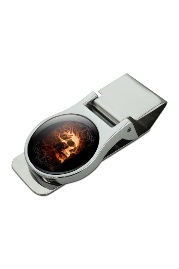 Flaming Fire Skull Design Satin Chrome Plated Metal Money Clip