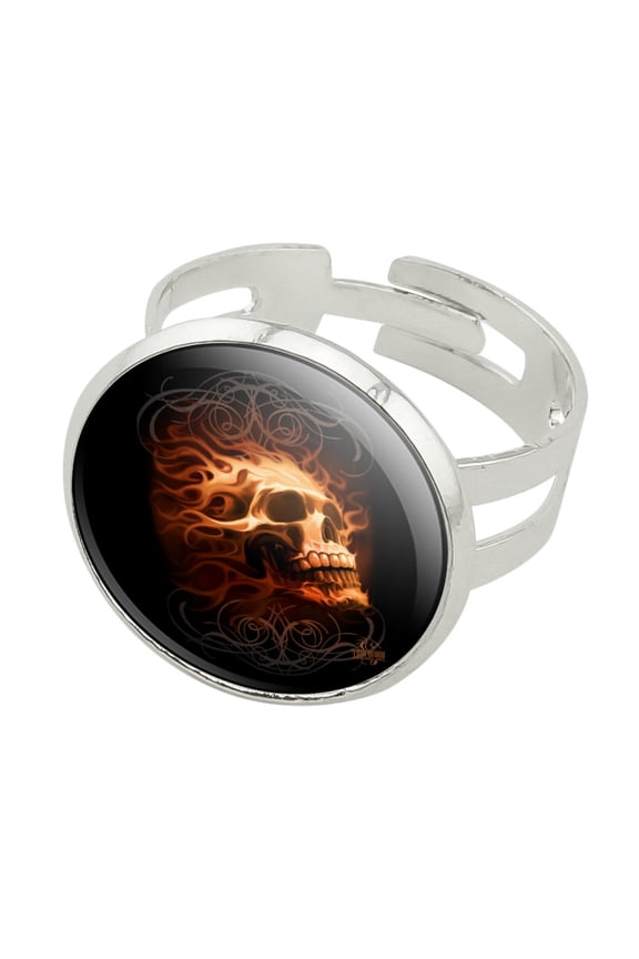 Flaming Fire Skull Design Silver Plated Adjustable Novelty Ring