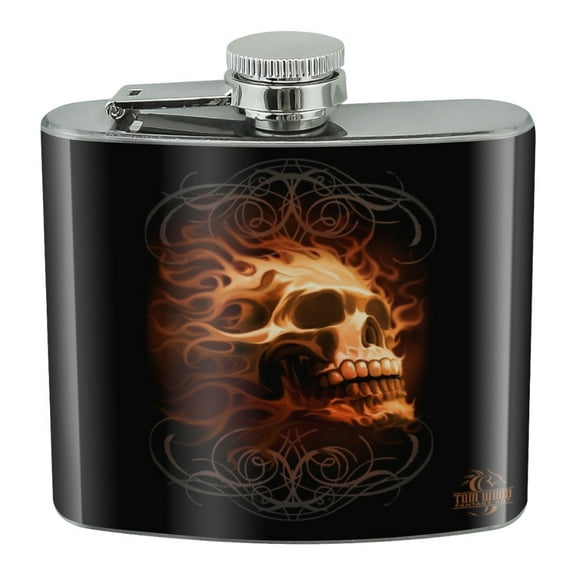 Flaming Fire Skull Design Stainless Steel 5oz Hip Drink Kidney Flask