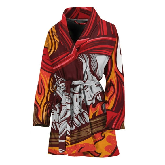 Flaming Firefighter Skull Women Bathrobe One Size Univeral Fits, Skull Lover Gifts Fashion Lightweight Plush Fleece Long Robe For Women