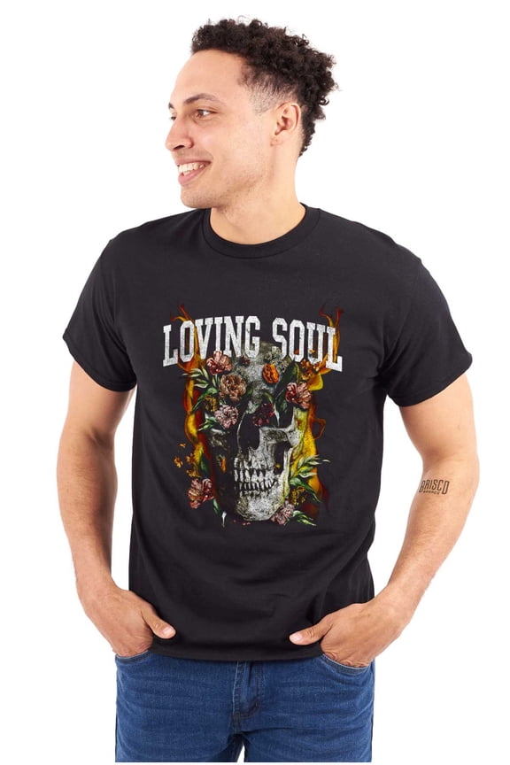 Flaming Floral Skull Loving Soul Men's Graphic T Shirt Tees Brisco Brands L