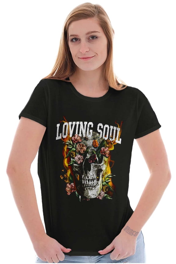 Flaming Floral Skull Loving Soul Womens Fitted Plus Size Graphic Tee Brisco Brands 2X