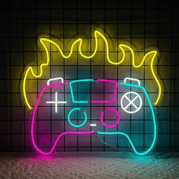 Flaming Gaming Controller Neon Sign,Video Game Gift for Boys & Men Game Room Art