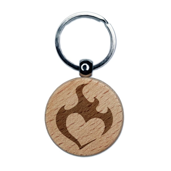 Flaming Heart Burn Fire Passion Love Hot Heat Romance Round Keychain Charm Tag - Engraved Wood