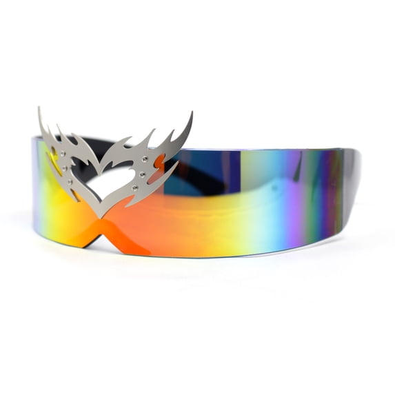 Flaming Heart Crown Tiara Futuristic Wrap Around Shield Sunglasses Rainbow Mirror