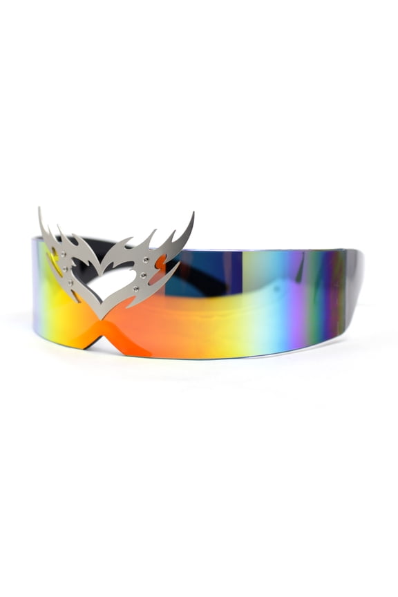 Flaming Heart Crown Tiara Futuristic Wrap Around Shield Sunglasses Rainbow Mirror