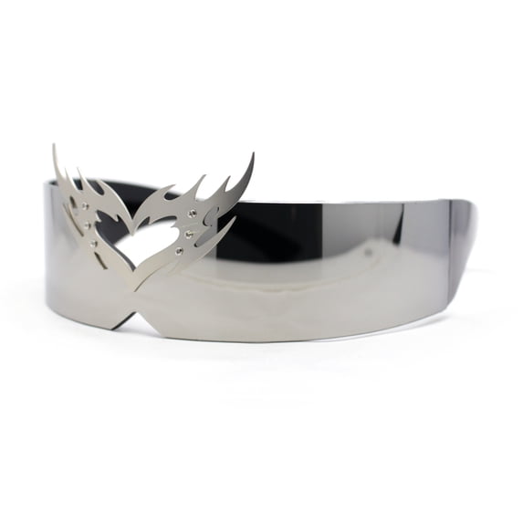 Flaming Heart Crown Tiara Futuristic Wrap Around Shield Sunglasses Silver Mirror
