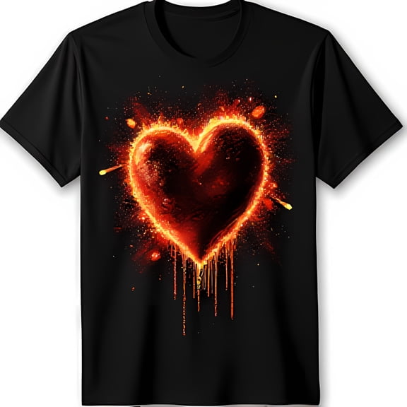 Flaming Heart Graphic T-Shirt Bright Yellow & Red Design on Black Background