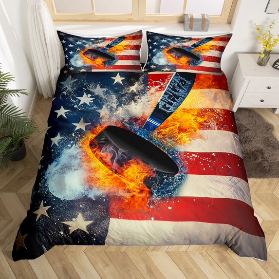 Flaming Hockey Bedding Set,Ice and Fire Duvet Cover,American Flag Quilt Cover,Athletic Sports Bed Sets with 1 Pillowcase for Bedroom(No Comforter)