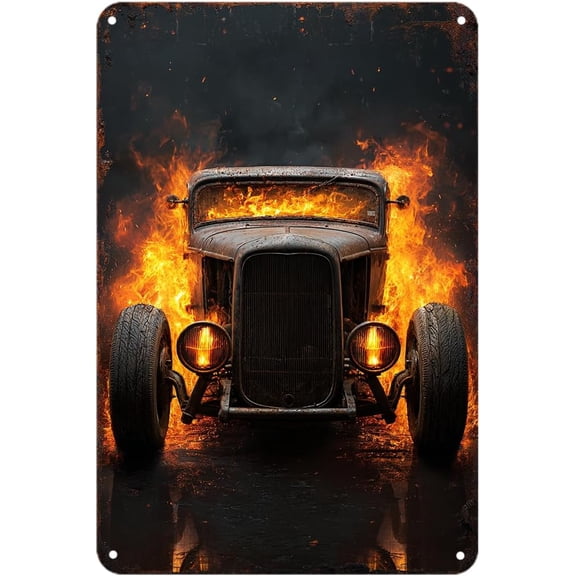 Flaming Hot Rod tin sign, Vintage Burning Car Metal Sign print Aesthetic Room Decoration for Home Bedroom Kitchen Bar Coffee Bathroom Indoor Outdoor Wall Decor, 8 X 12 IN