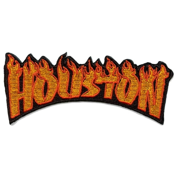 Flaming Houston Patch Rock Band Parody Fire Embroidered Iron On